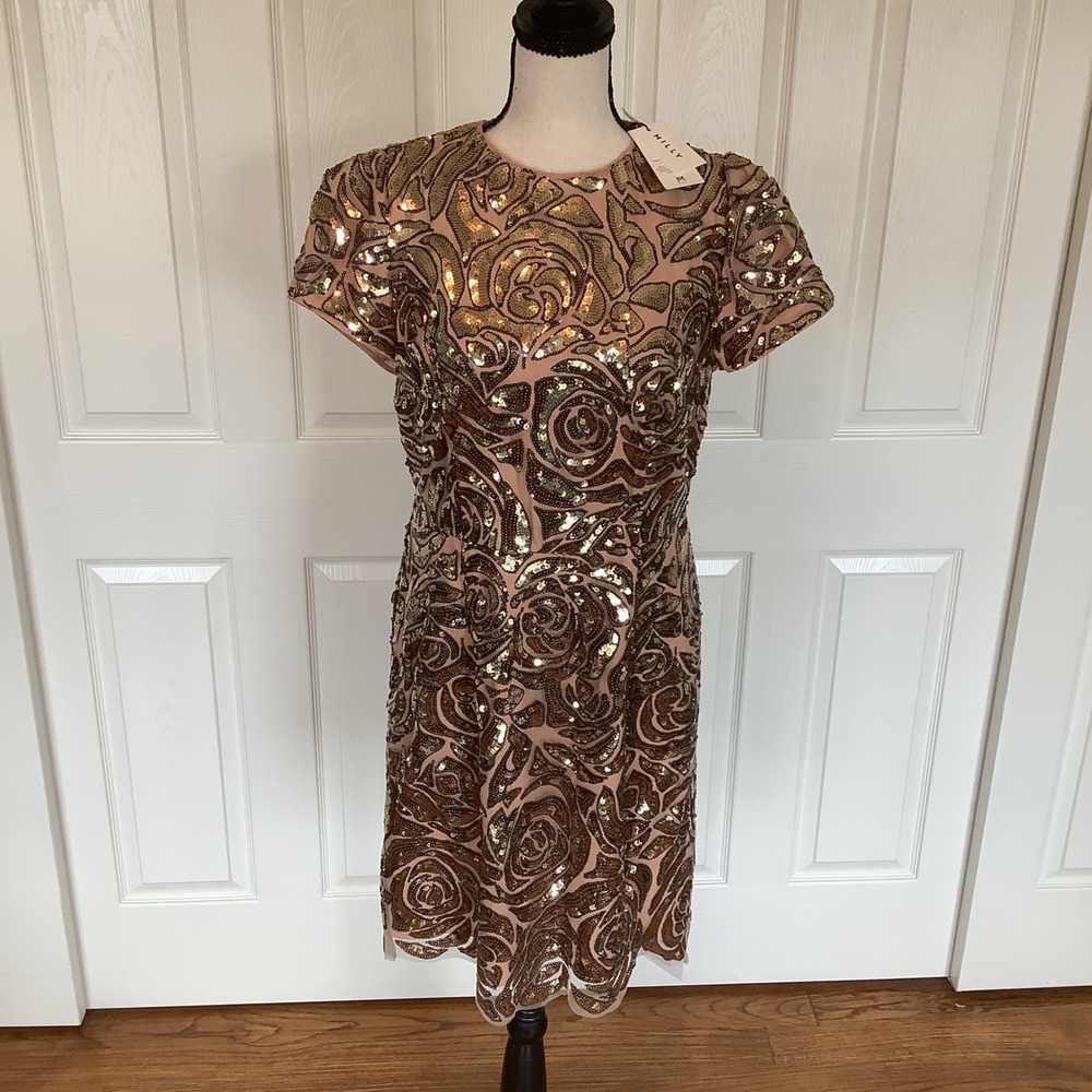 Milly Kyla Rose Sequins Dress Size 10 Gold Floral Cocktail Party NWT